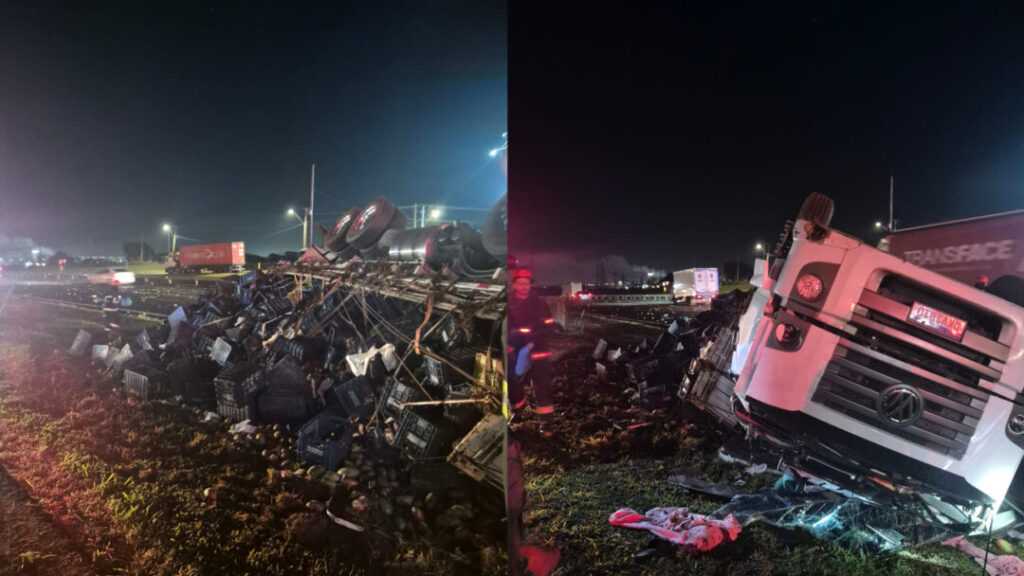 Caminhão com mangas capota na Via Anhanguera, em Sumaré, e deixa motorista ferido caminhao-com-mangas-tomba-na-via-anhanguera,-em-sumare,-e-deixa-motorista-ferido